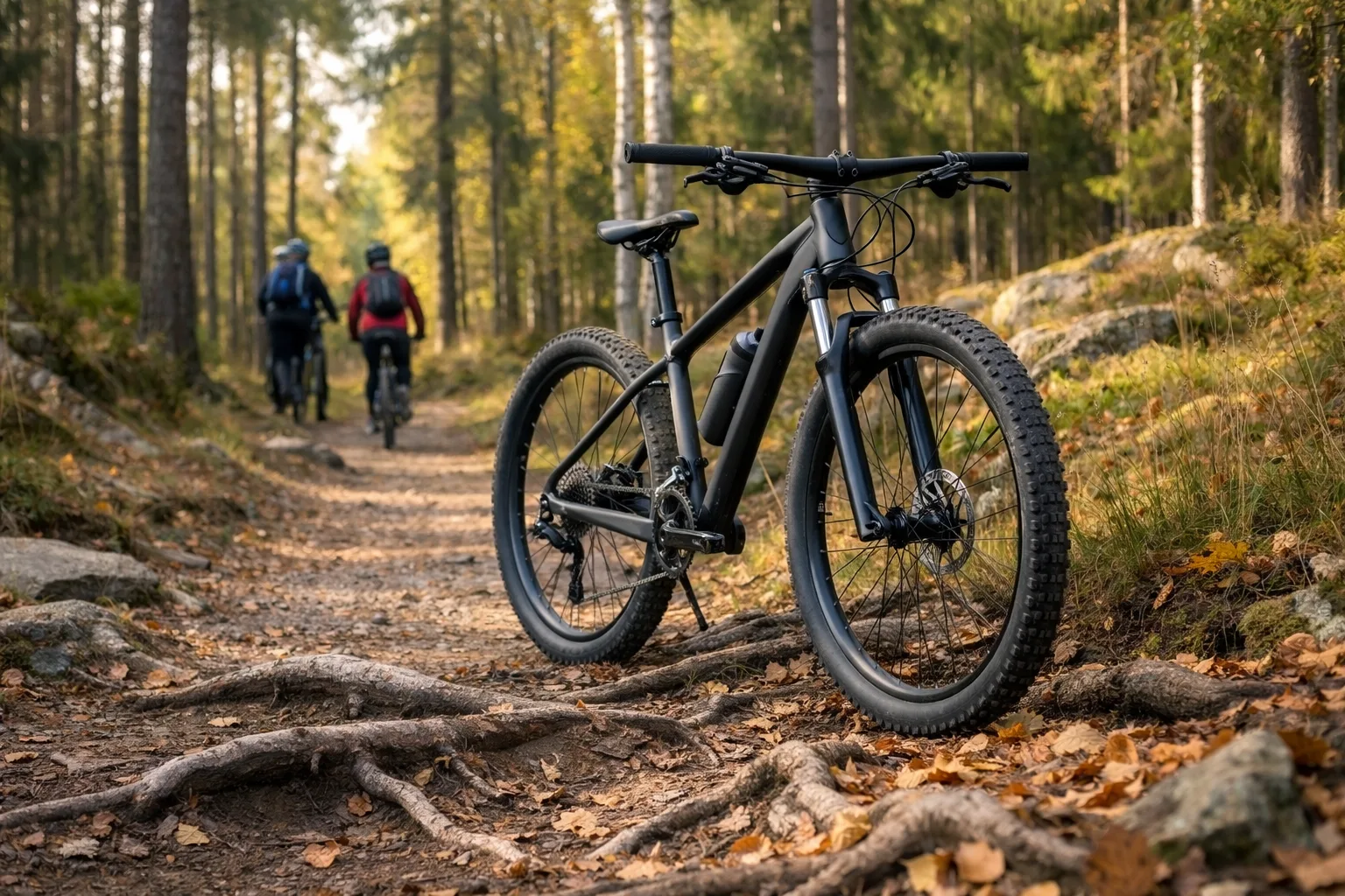 Mountainbike på en slingrande stig i höstskogen.