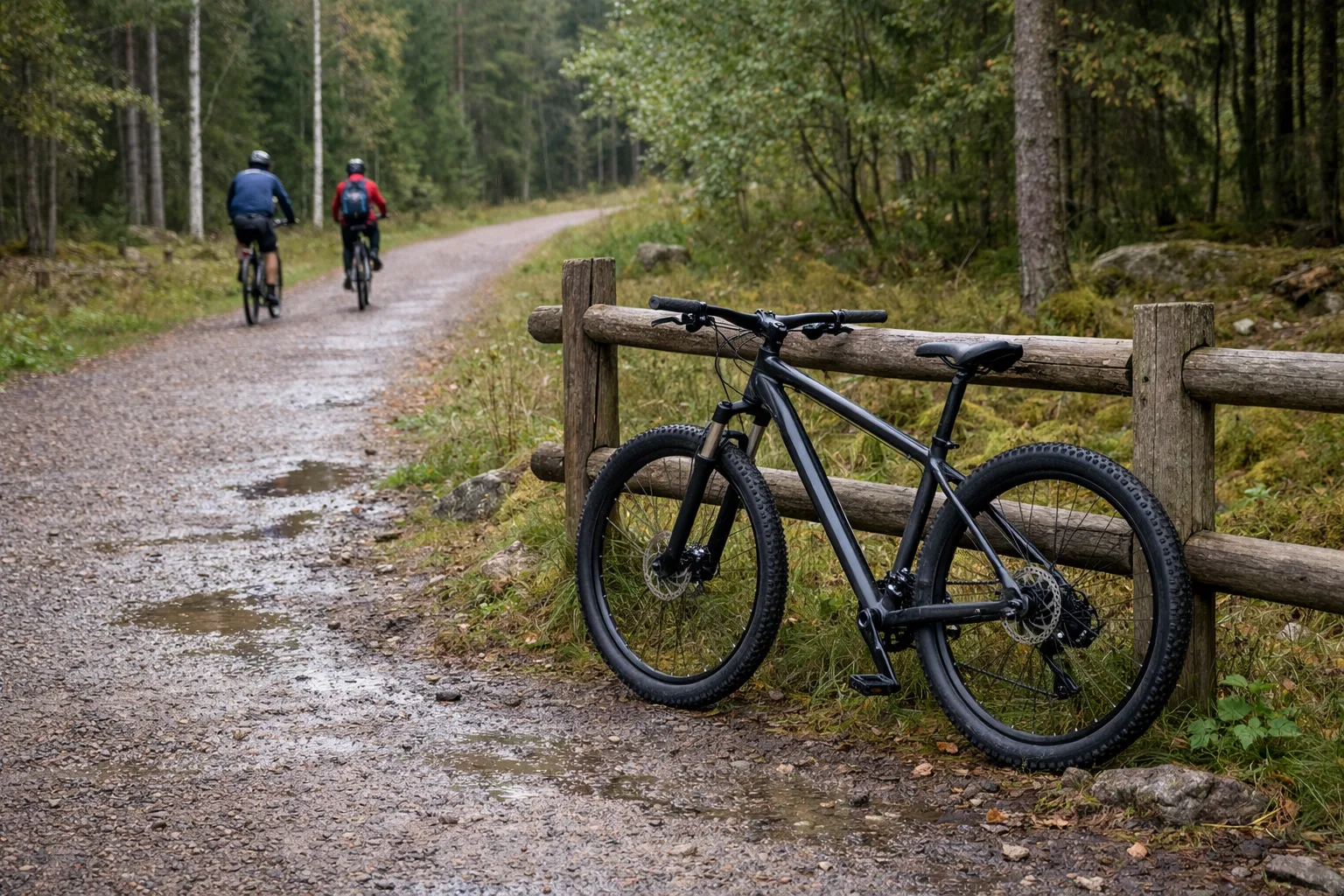 Mountainbike parkerad vid en grusad motionsslinga.