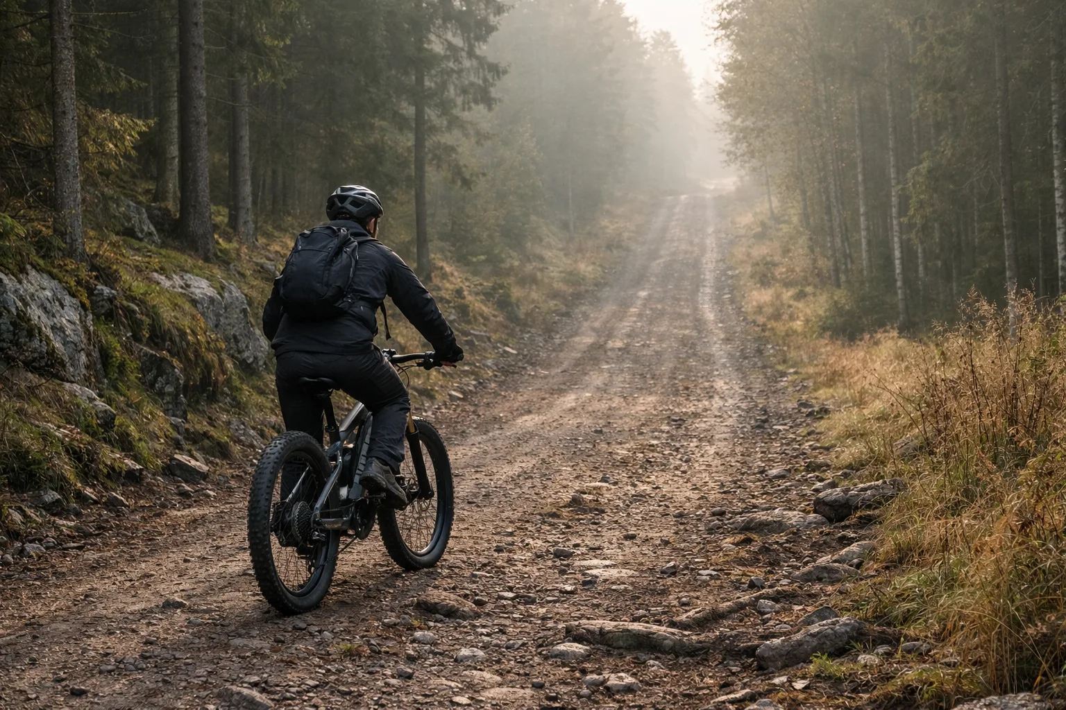 Cyklist med hjälm på el-MTB i en lång uppförsbacke.