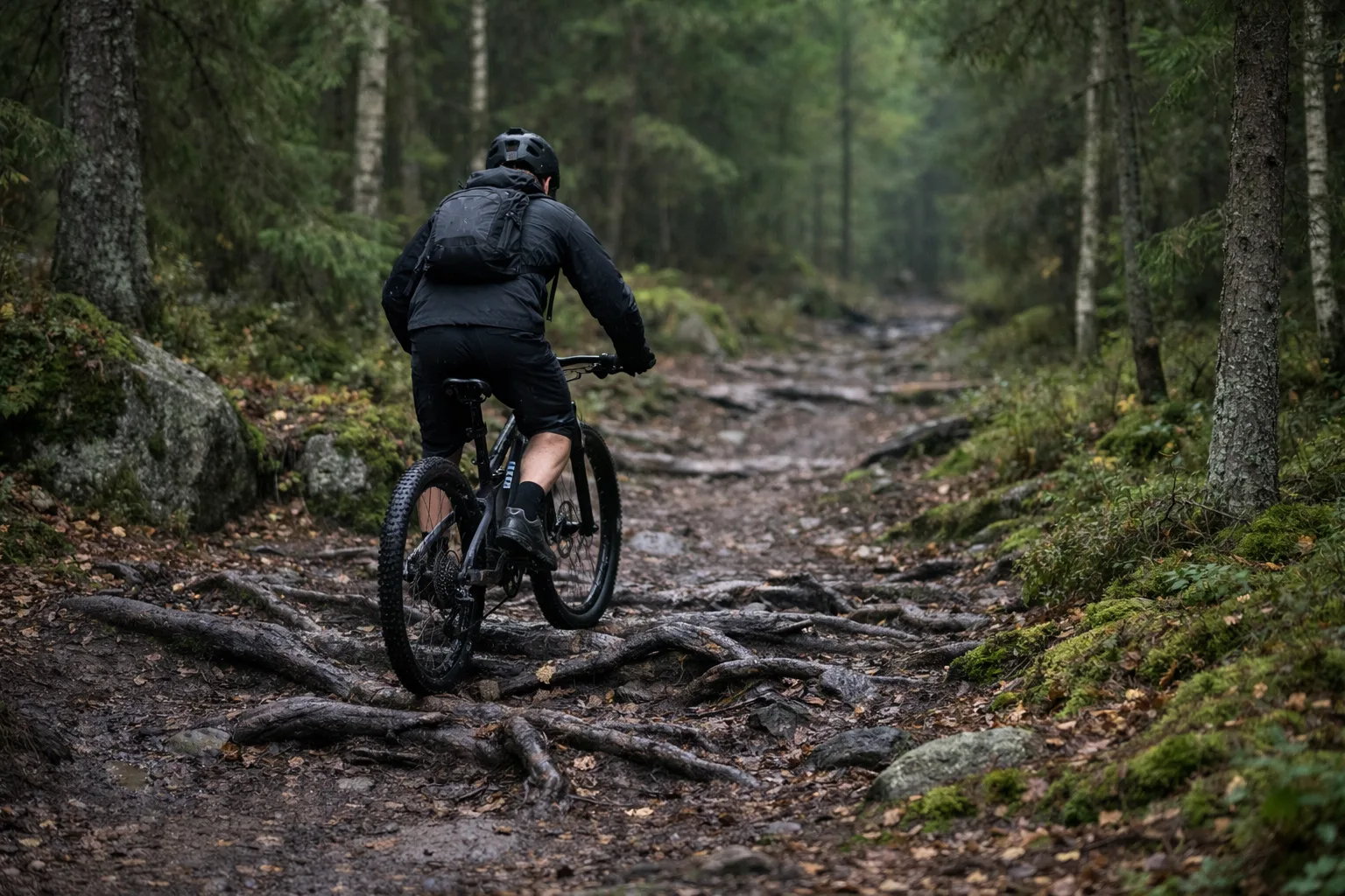 Cyklist med hjälm passerar rötter på en skogsstig.