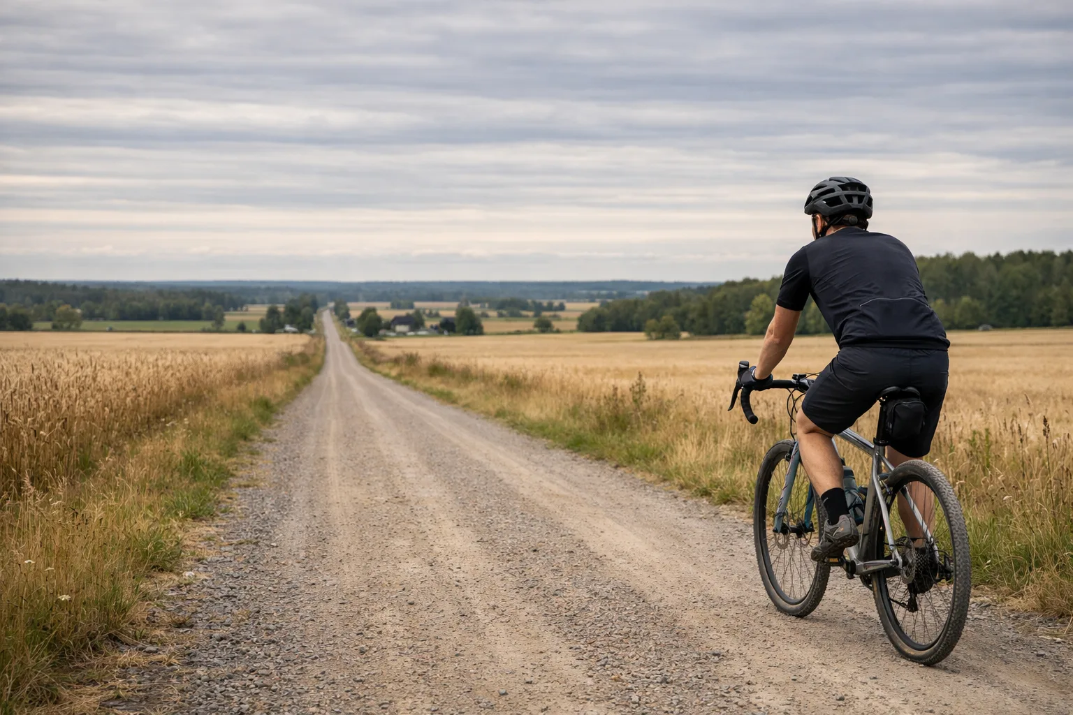 Cyklist på gravelcykel längs en öppen grusväg.