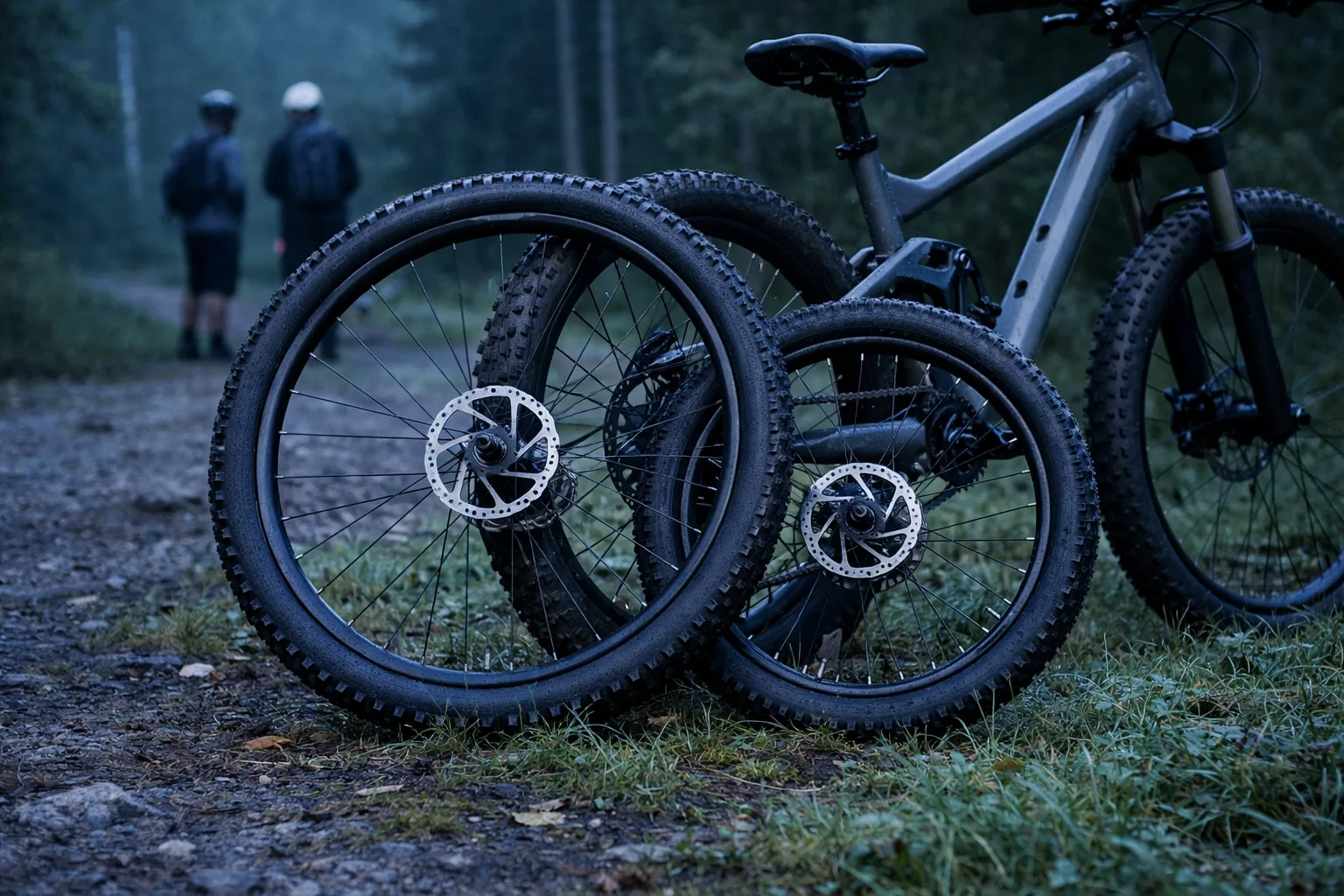 Två cykelhjul i olika storlek vid en mountainbike.