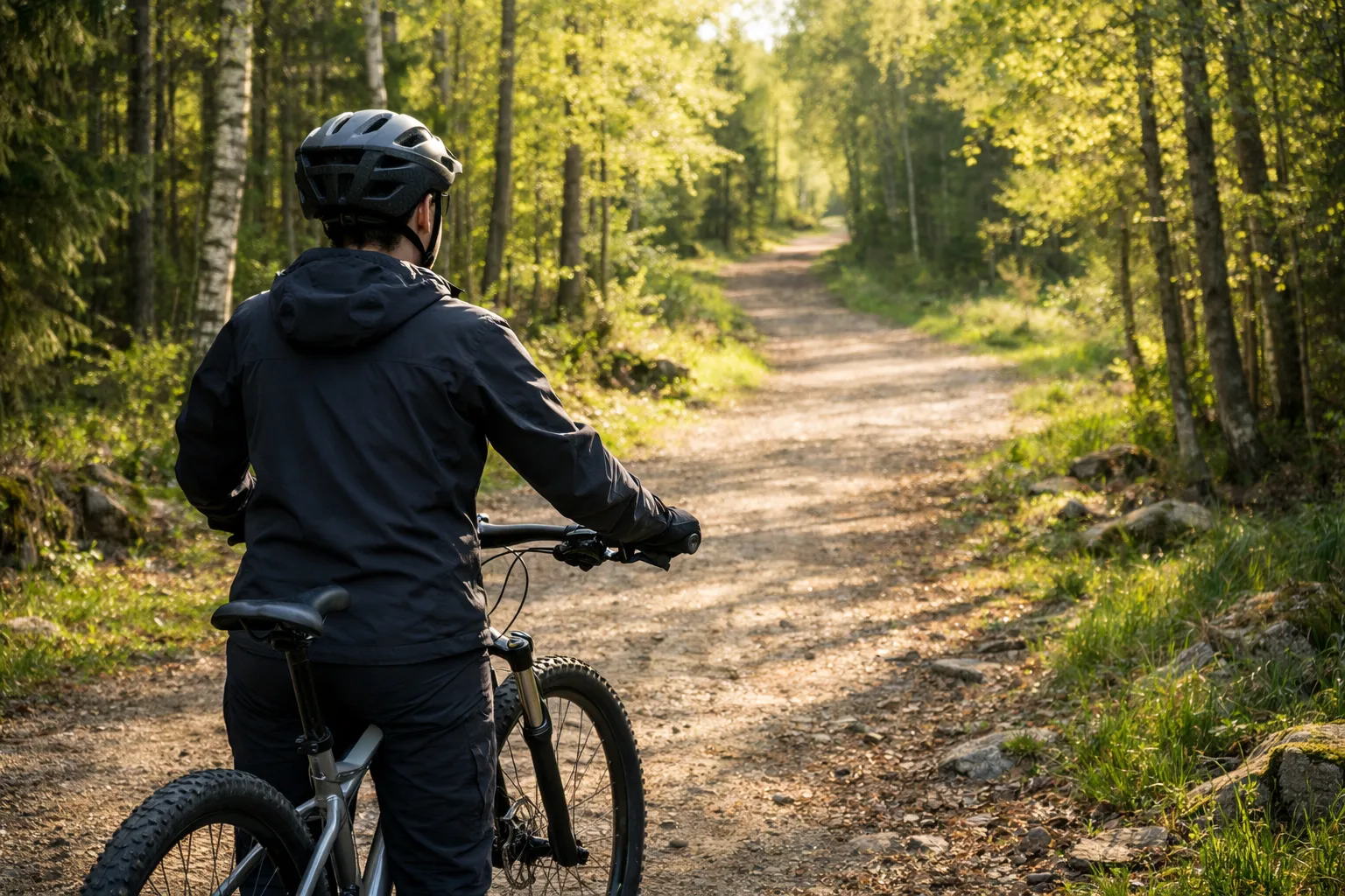 Cyklist med hjälm står vid starten av en lätt skogsstig.