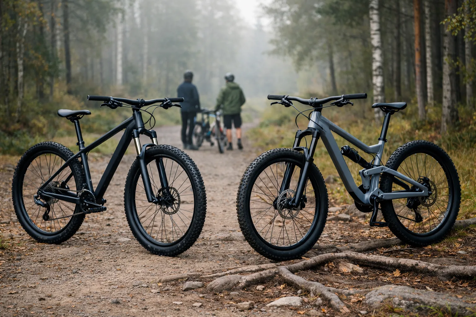 En hardtail och en fulldämpad mountainbike står sida vid sida.