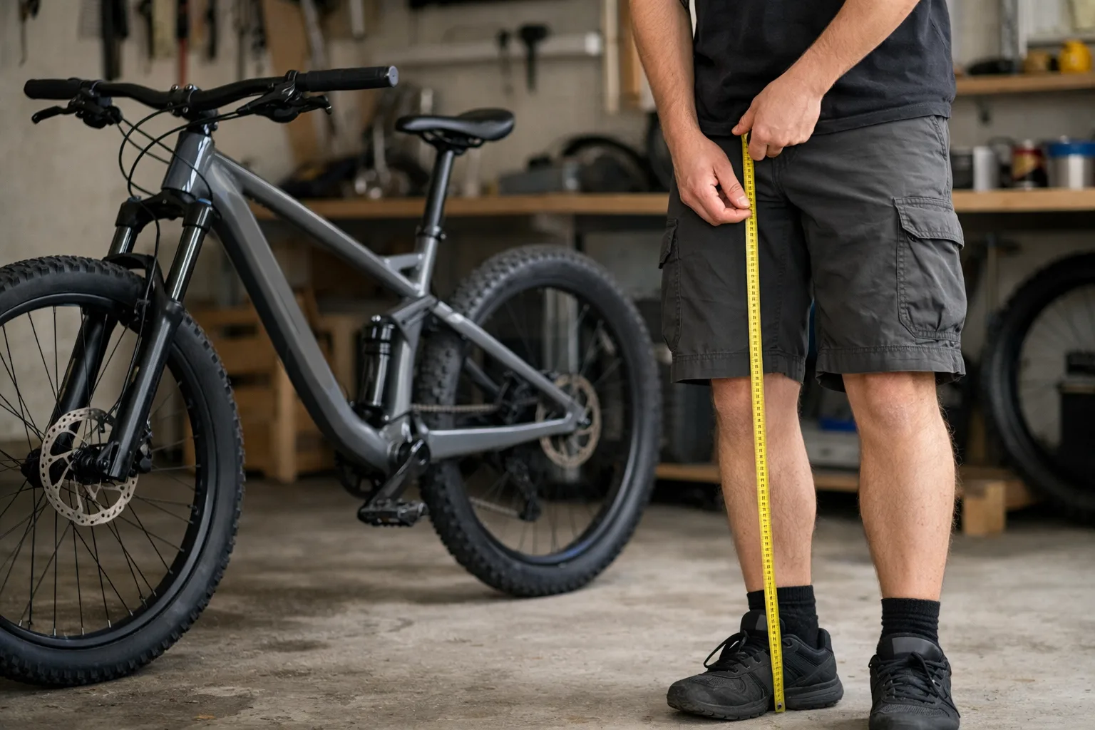 Måttband används bredvid en mountainbikes ram.
