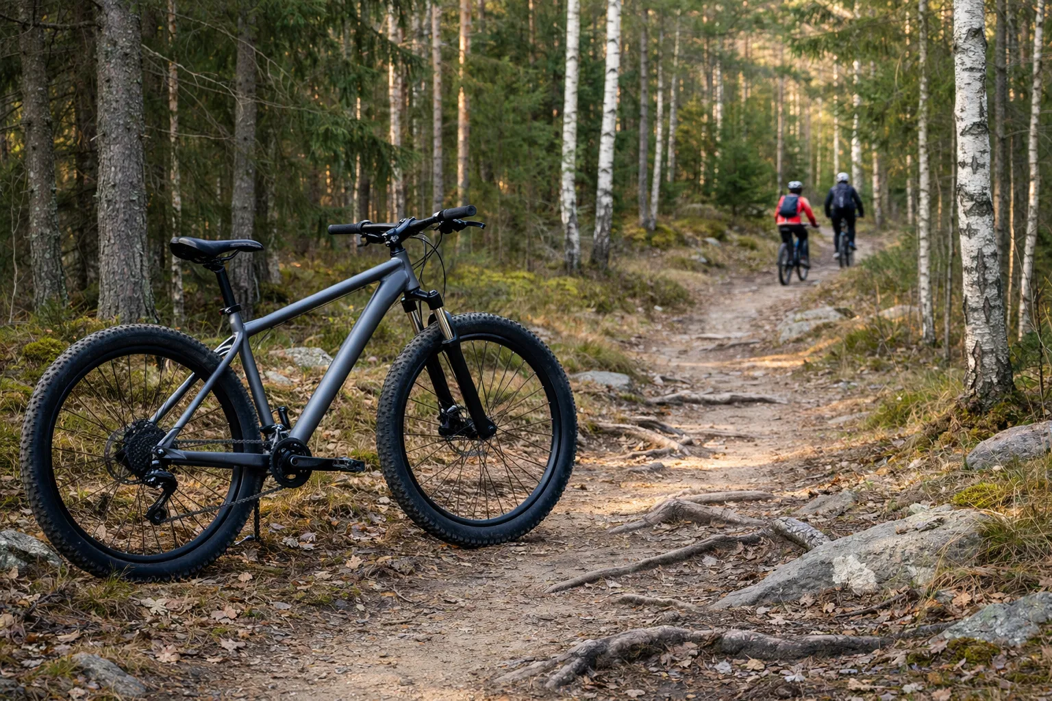 Hardtail-cykel vid en stig i svensk blandskog.
