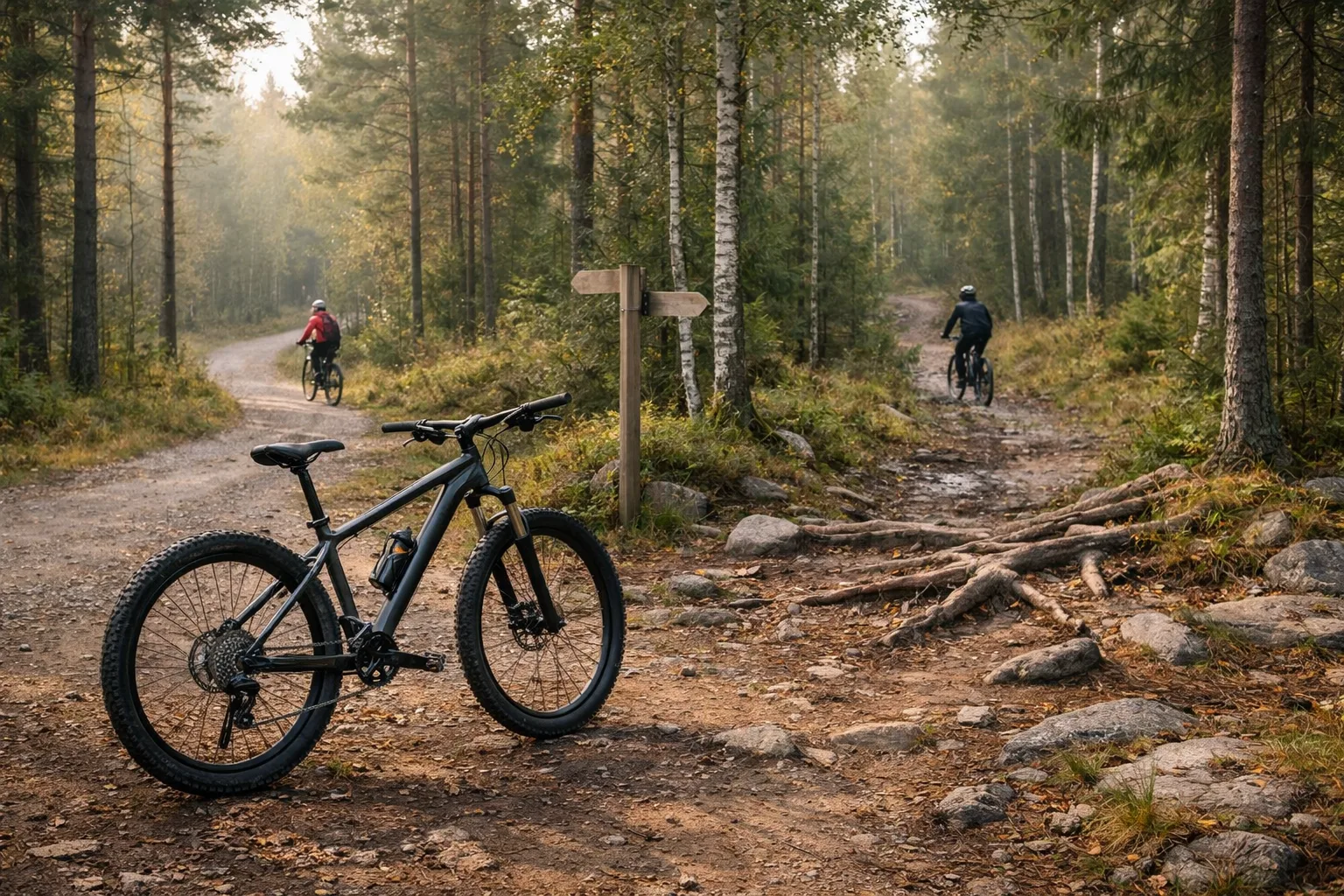 Mountainbike vid ett vägval mellan skogsstigar.