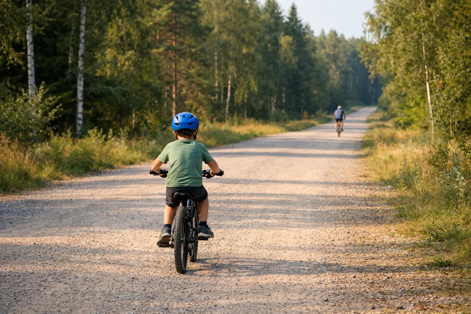 Barn med hjälm cyklar på en bred grusväg.