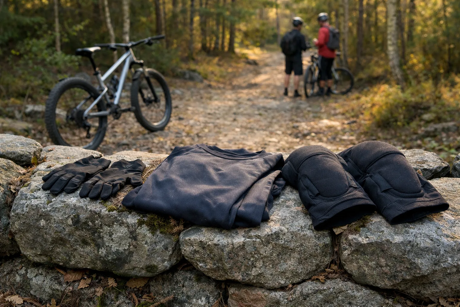 Cykelkläder, handskar och knäskydd vid skogsbrynet.